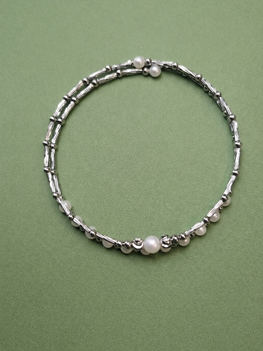 Silver Tone Freshwater Pearl Beaded Wrap Bracelet - White Pearls - Picture 3 of 4